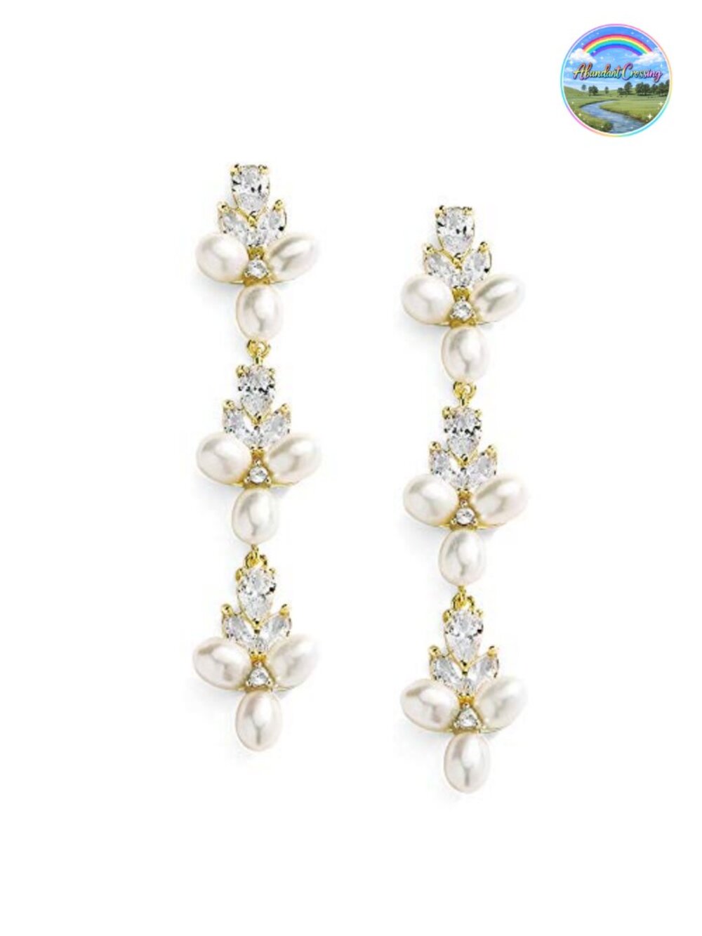 Freshwater Pearl Dangle Bridal Wedding Earrings with CZ Crystal Gold Plated
